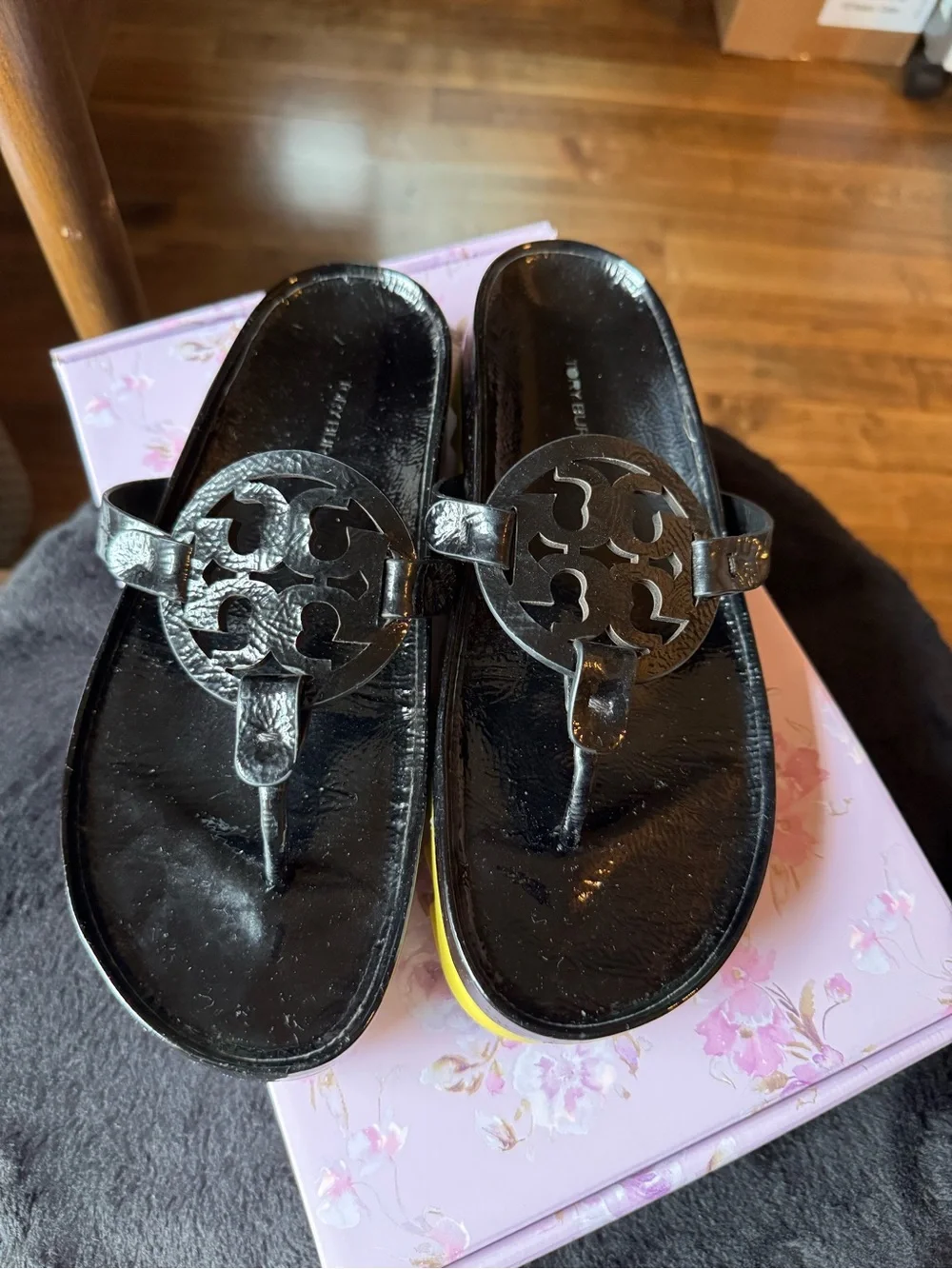 Tory Burch Miller Cloud Lug Sandal Black Patent Leather Logo Cutout platform